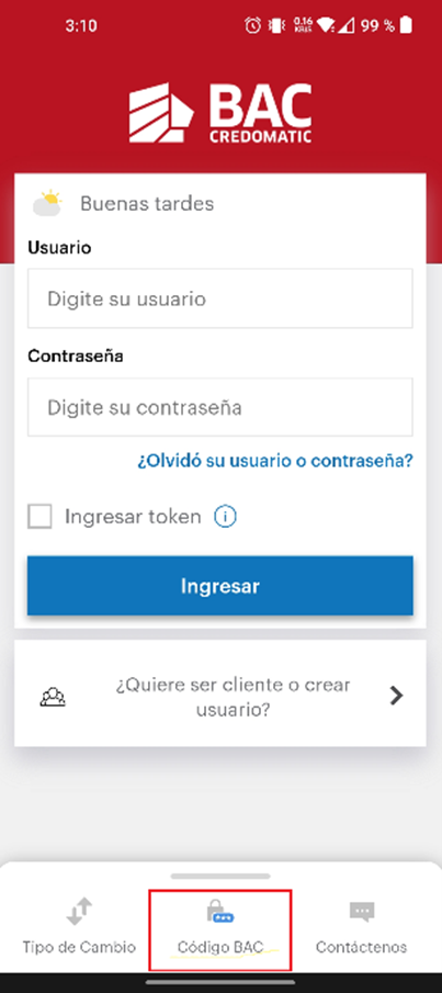 Código BAC en Banca Móvil